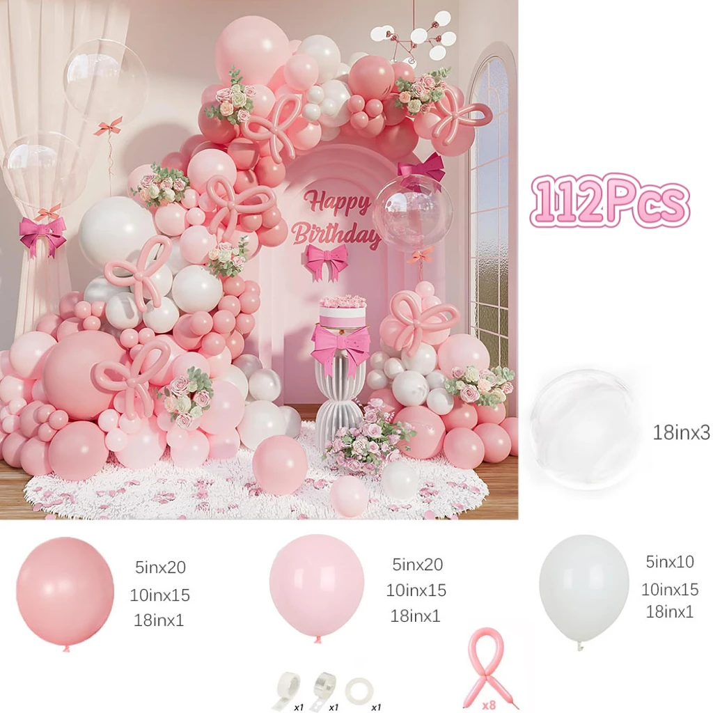 112Pcs Pink Balloon Garland Arch Kit Pink White Balloons with Clear Balloons for Wedding Baby Shower Birthday Party Decorations