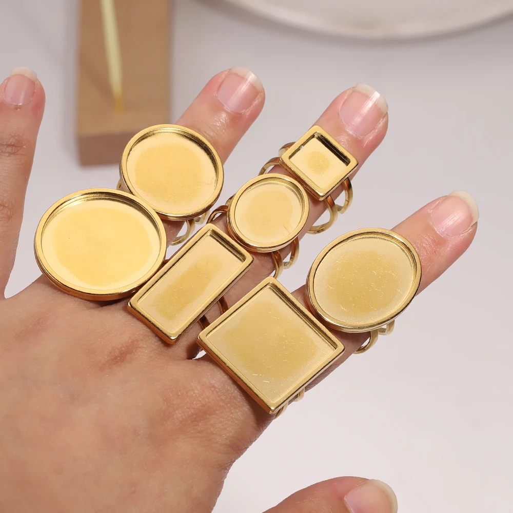 4pcs Stainless Steel Gold Color Round Open Ring Setting Cabochon Blank Tray Base DIY Jewelry Making Border Accessories Wholesale