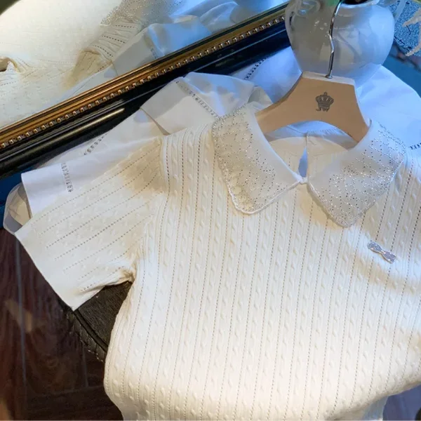 Lace Peter Pan Collar Sweet T Shirts Women's Clothes Chic Vintage Tees Casual Knitted Tshirt Short Sleeve Solid Color Camisetas