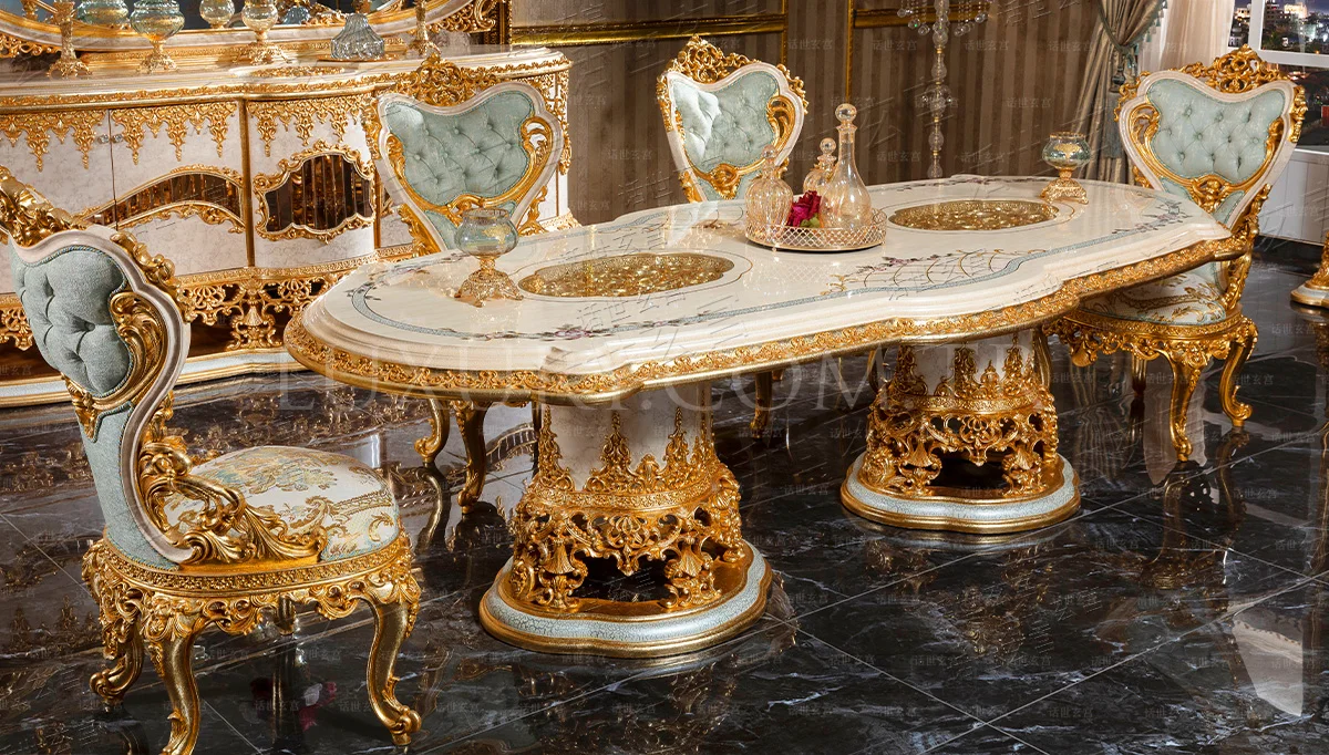 European-style villa table French court luxury rectangular oval table painted gold foil high-end restaurant furniture