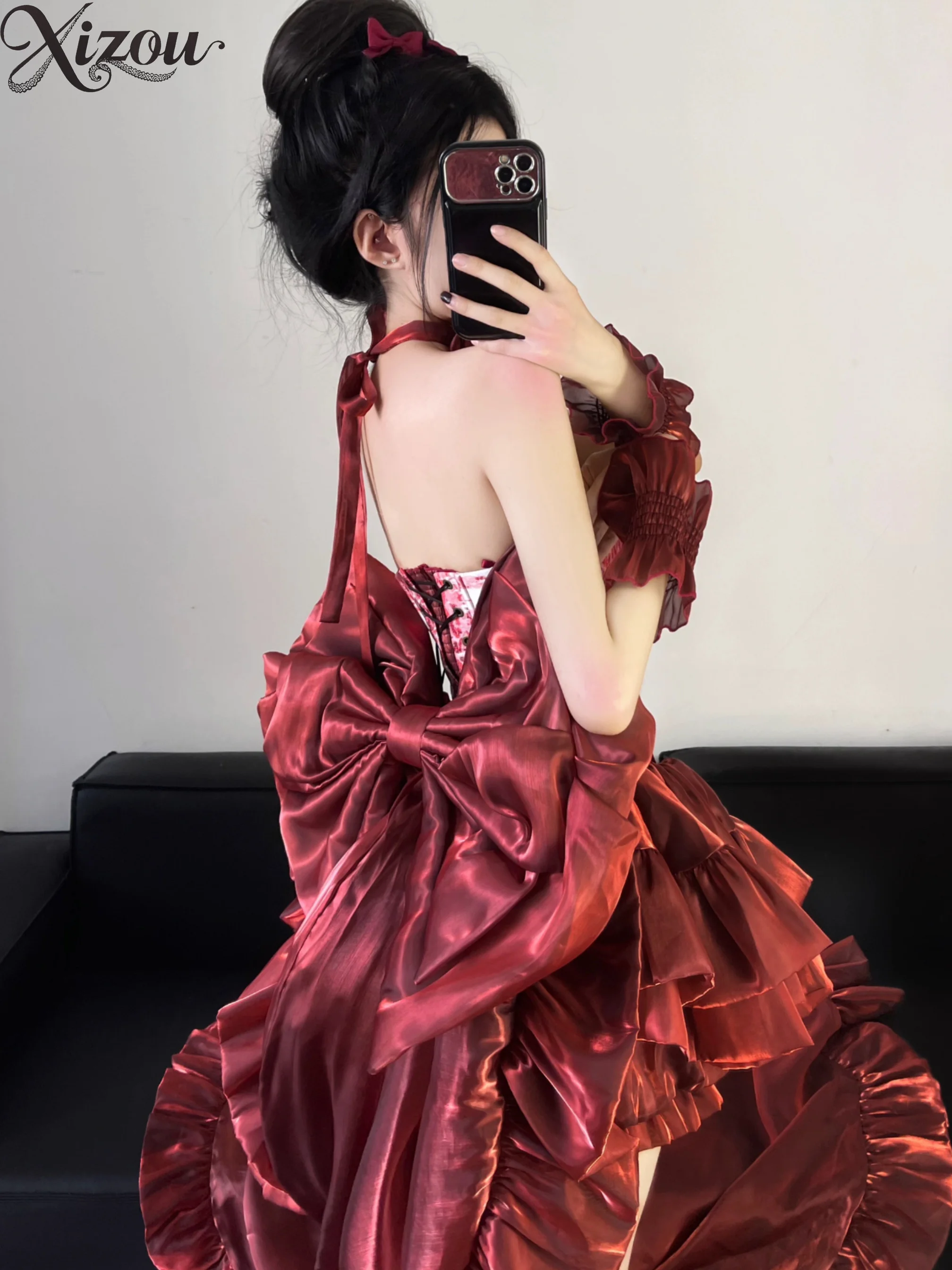 2025 Summer Women Girl Dresses Sets Red Princess Hepburn Tube Top Strapless Satin Tulle Bow Trailing Evening Party Cuff Slim Fit