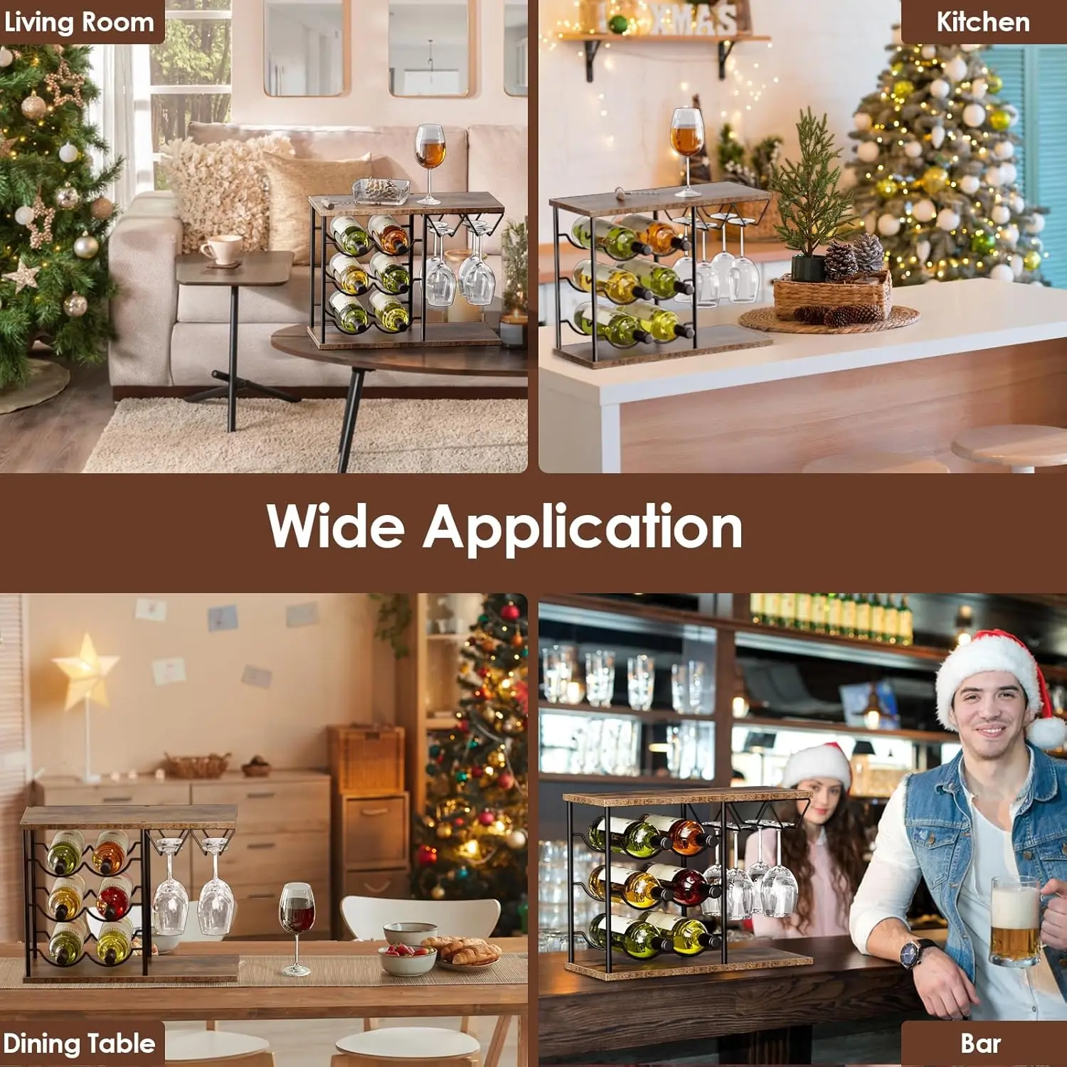 Compact Wine Rack for 6 Bottles and 4 Glasses, Metal and Wood Storage Organizer for Kitchen or Bar