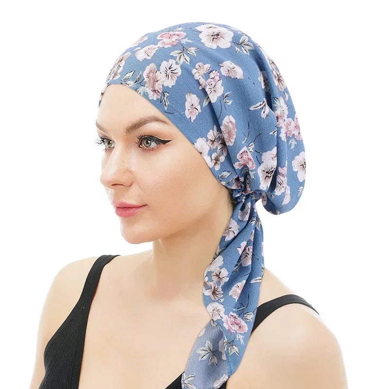 Muslim Pre-Tied Bandana Scarf Chemo Beanies Bonnet Caps Women Fashion Turban Hat Long Ribbon Headscarf Cancer Hair Accessories