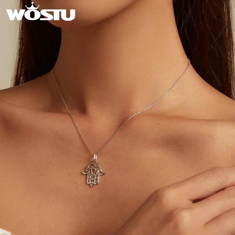 WOSTU 925 Sterling Silver Turkish Hamsa Hand Fatima Charm Necklace For Women Hollow Flower Pendant Chain Neck Lucky Jewelry Gift