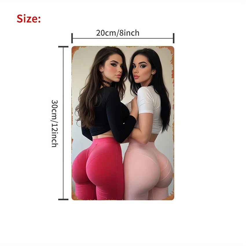 Vintage 2D Flat Two Women in Black & White Crop Tops with Red & Pink Leggings Tin Sign - Retro Indoor Portrait Metal Wall Art De