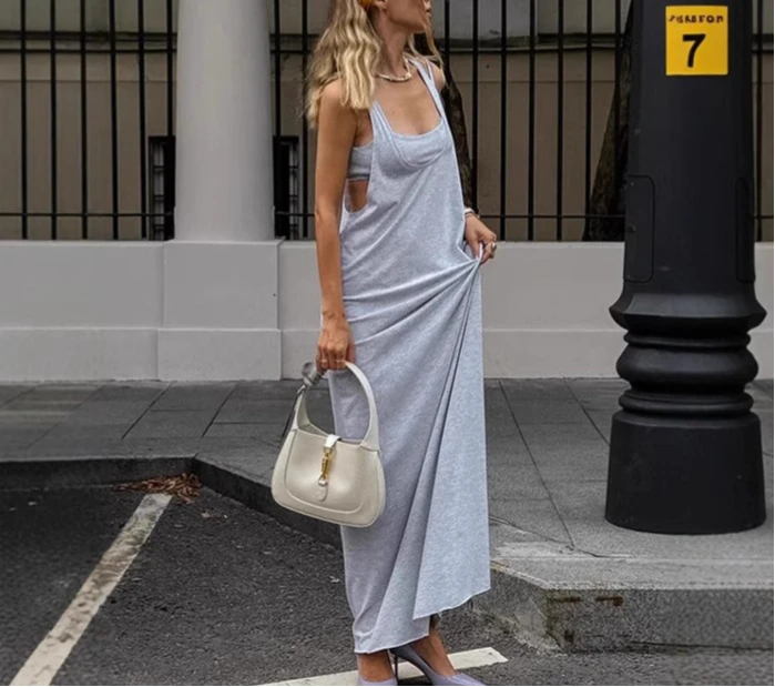 Vestido colete cinza para mulheres no outono 2025 elegante camadas soltas pescoço quadrado vestido linha saia longa