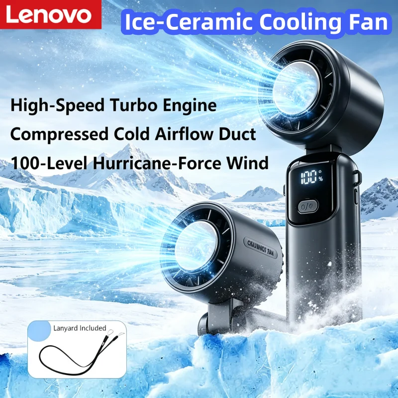 Lenovo Handheld Portable Cooling Fan 100 Levels Foldable Rechargeable Strong Wind Air Cooler Digital Long Lasting Battery