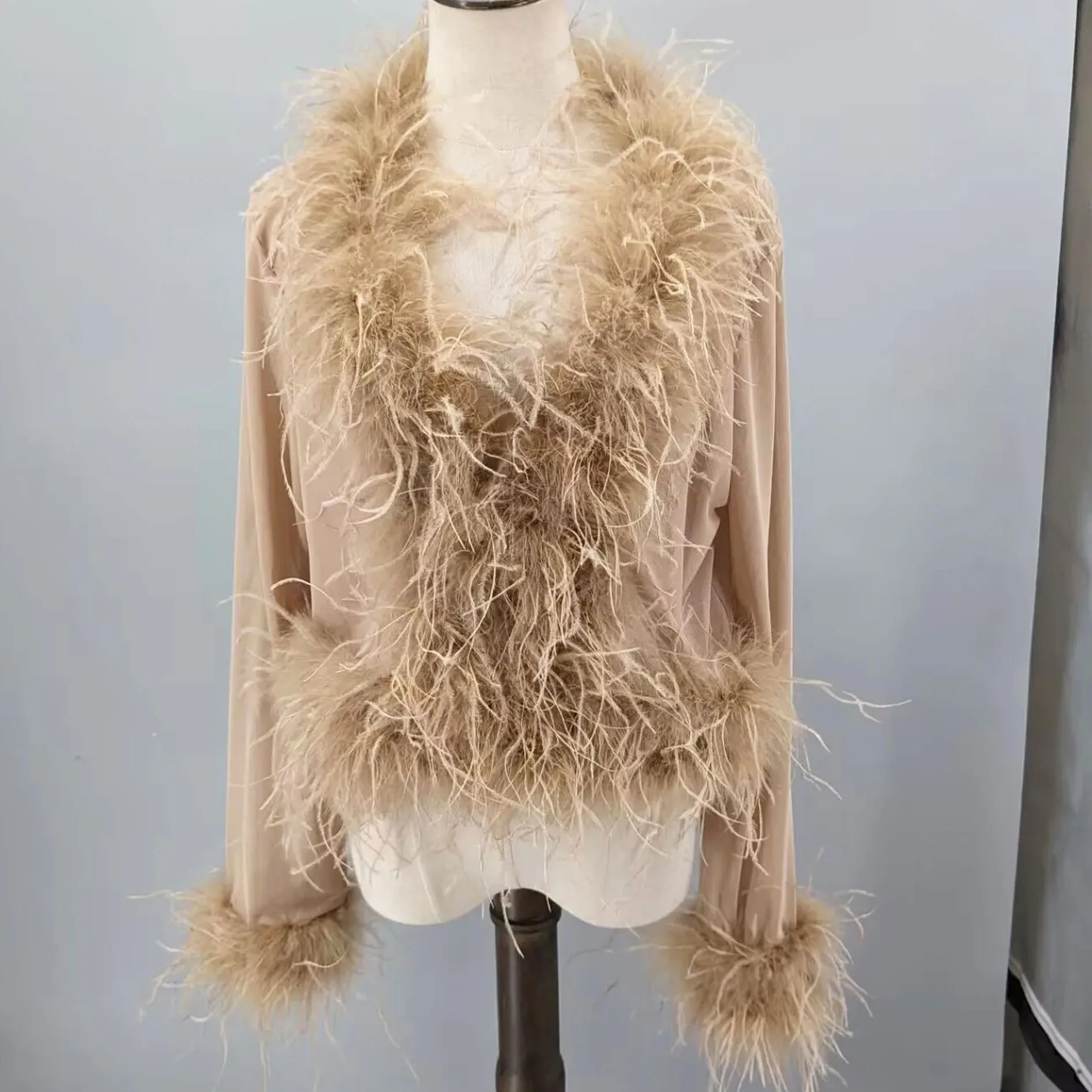 Women See-Through Top with Real Ostrich Feather Brown Black Cropped Jacket Top Bolero 240711