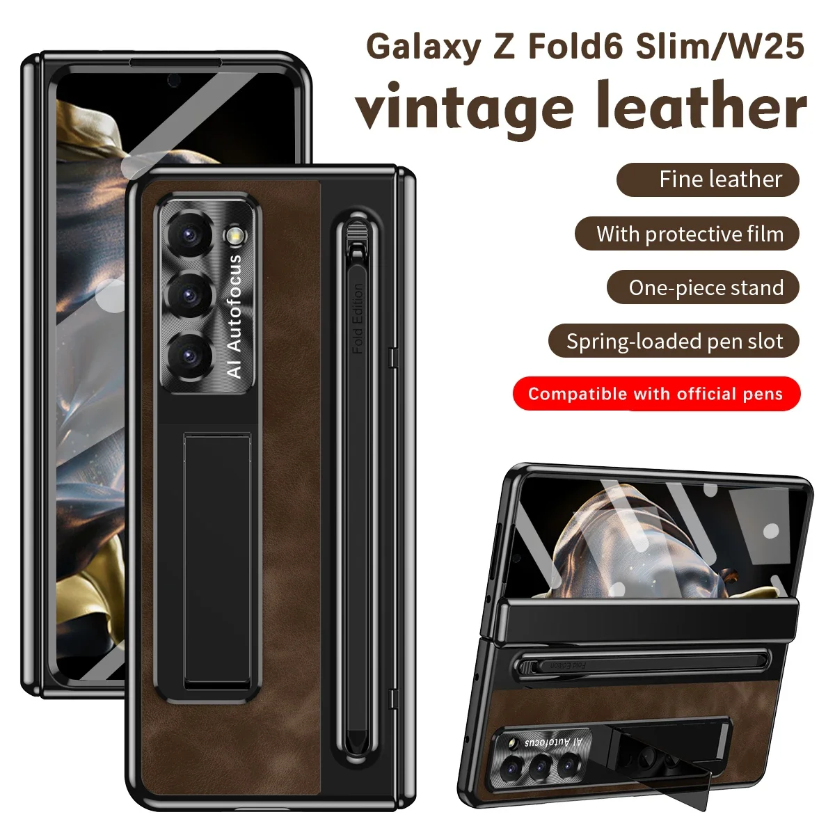 

For Samsung Galaxy Z Fold 6 Slim W25 Case Retro Leather Hinge Holder Fold SE 5 4 3 With Touch Pen Full Protection Folding Cover