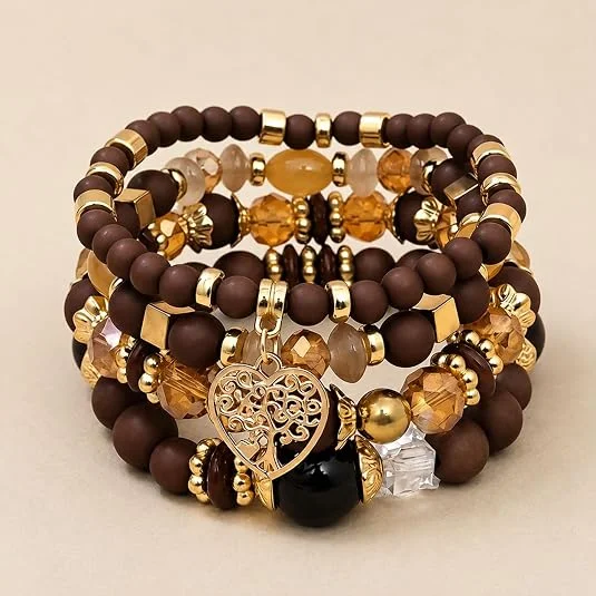 4-piece Bohemian-style multi-layer bracelet set, featuring heart, Tree of Life, and acrylic bead charms—perfect for everyday wea