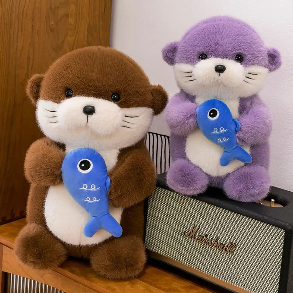 Serie Kawaii Ornamenti Fluffy Otter Collezione morbida che tiene il pesce Lontra Cartoon 35 cm Farcito Lontra Cuscino Bambini Ragazze Ragazzi