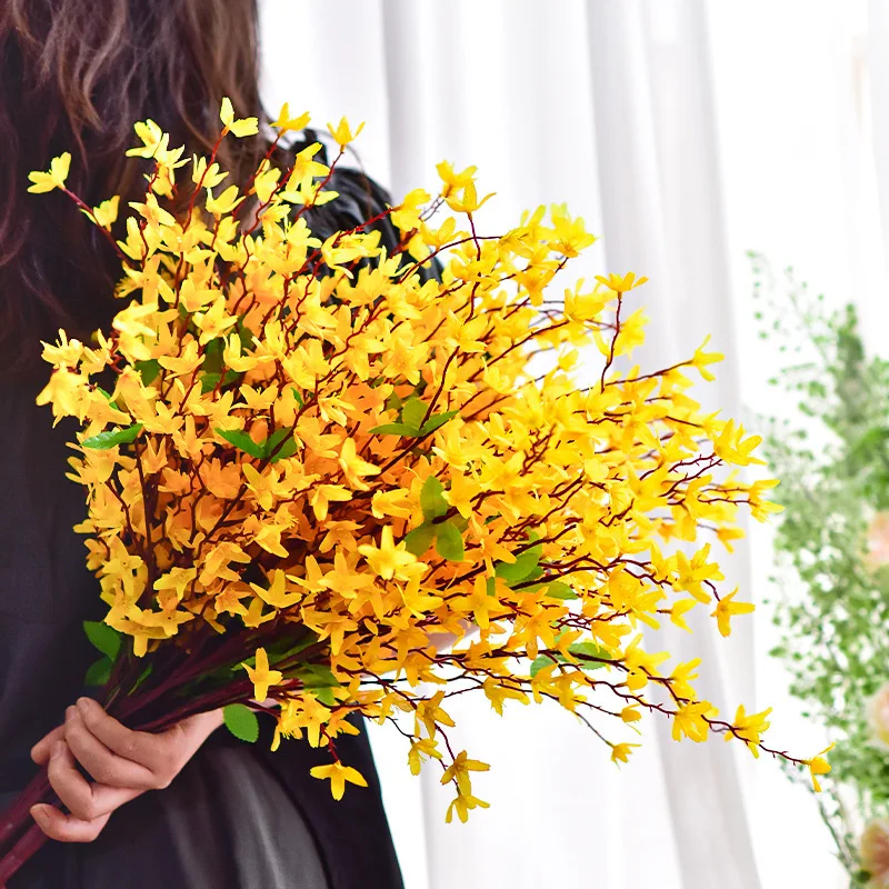 7 Forks Artificial Flowers Yellow Silk Fake Winter Jasmine Faux Orchids Flowers Forsythia Branches for Spring Home Wedding Decor