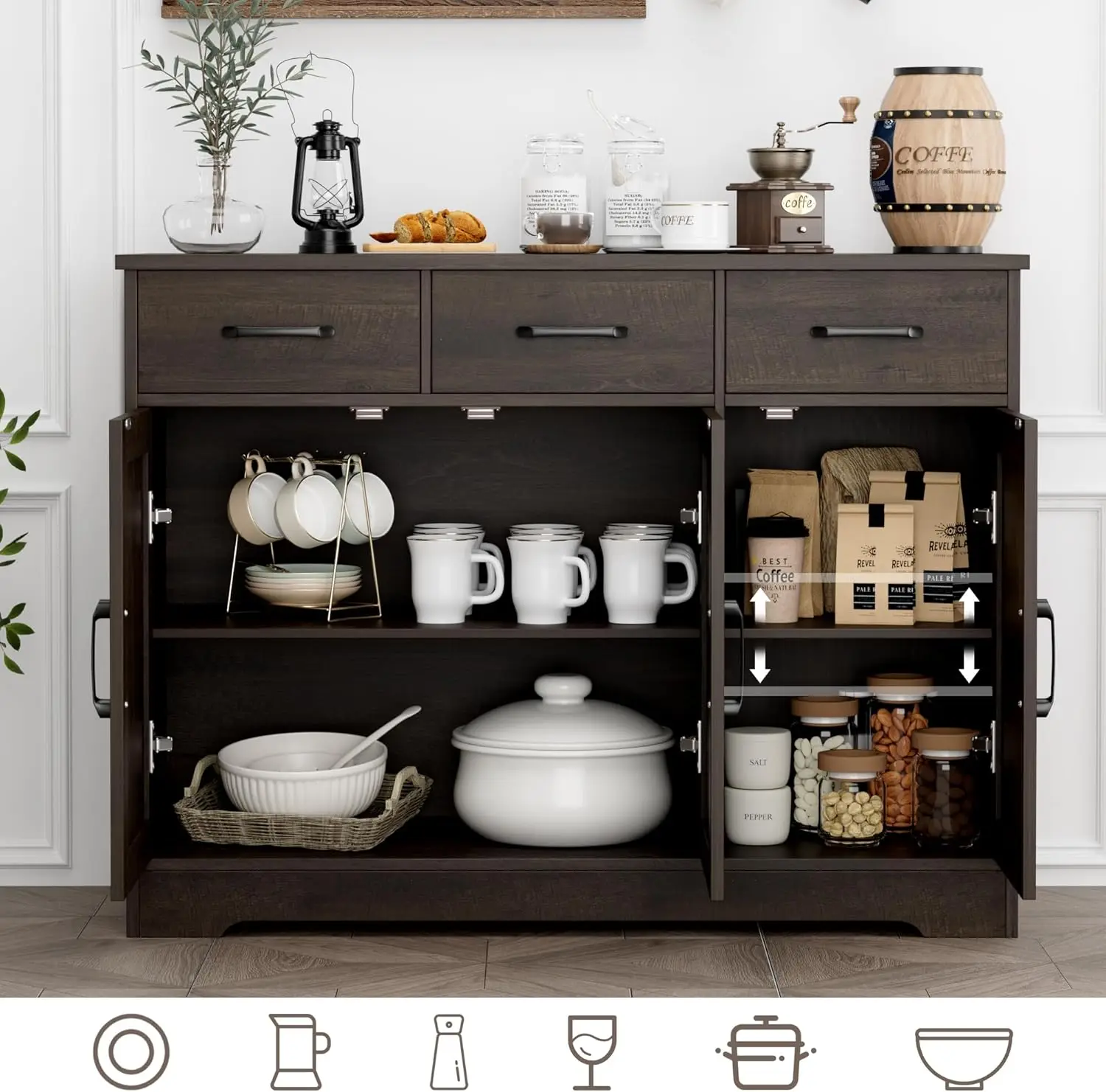 Armoire de Rangement à Portes de Grange avec Étagères, Buffet de Planche de Ferme Moderne, Armoire de Bar à Café en Bois