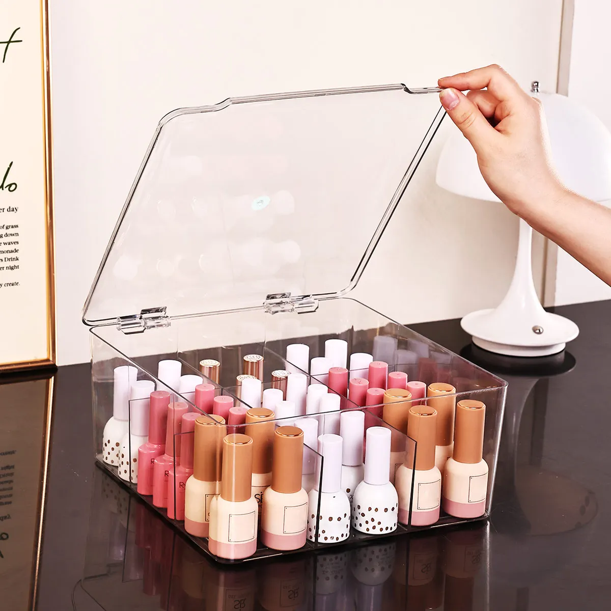Transparent Nail Polish Storage Box-Flip Top Type, Suitable for Lipstick, Perfume, Essence, 9-Cell Large Capacity Jewelry Box