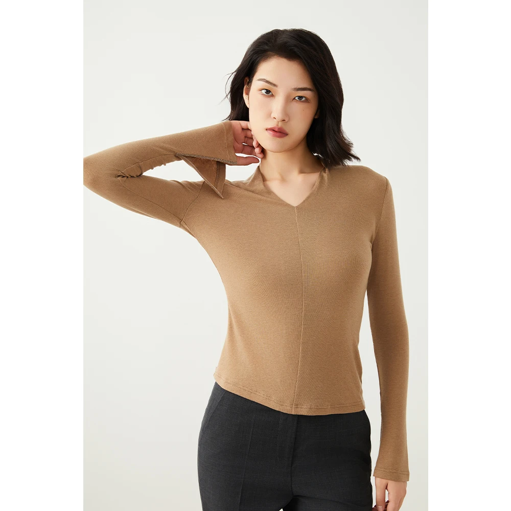 

K2528L Luxury Wool Tencel Base Shirt T-Shirt Luxury Women's High Quality Autumn New Solid Color V Neck BC