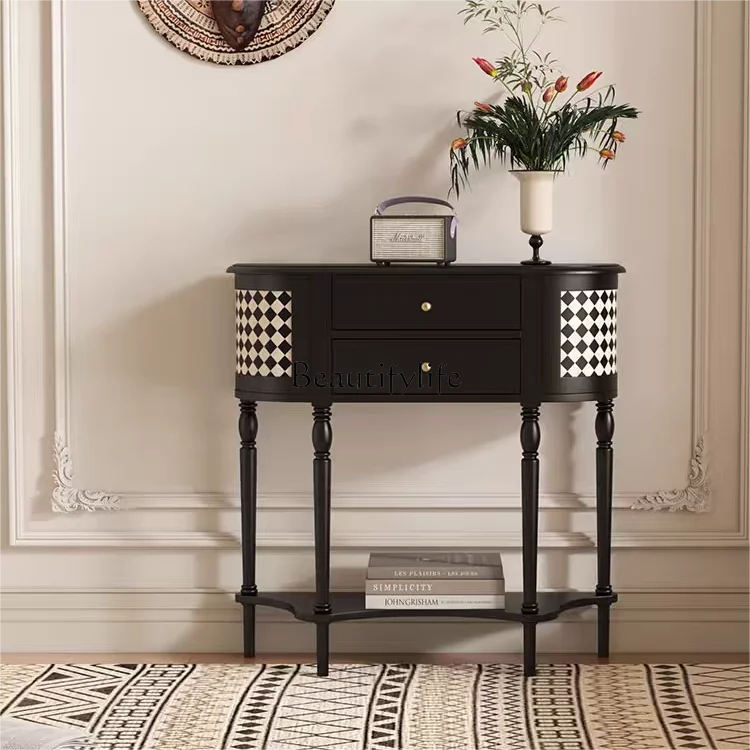 

French retro medieval solid wood corridor against the wall black and white grid foyer entrance cabinet