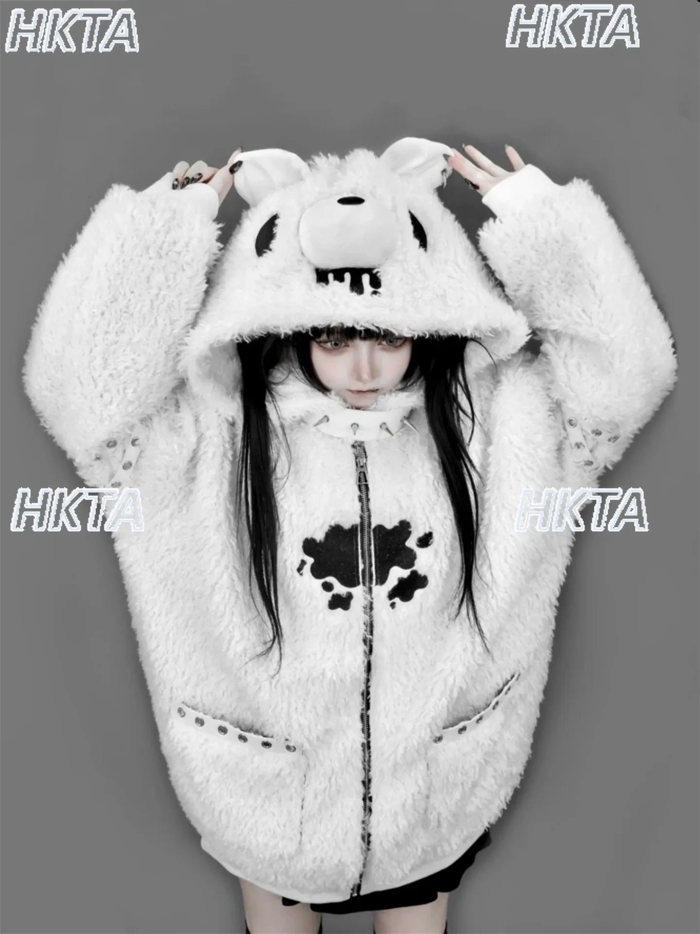 Japanese Cute Embroidered Plush Hooded Coat Medium Long Coats Winter New Subculture Y2k Goth Sweet Loose Cool Fur Jacket Women - view 6