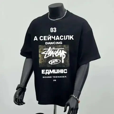 아메리칸 하이 스트리트 퓨어 코튼 브랜드 프린트 남성용 및 여성용 반팔 티셔츠 Instagram에서 루즈한 반소매 상의