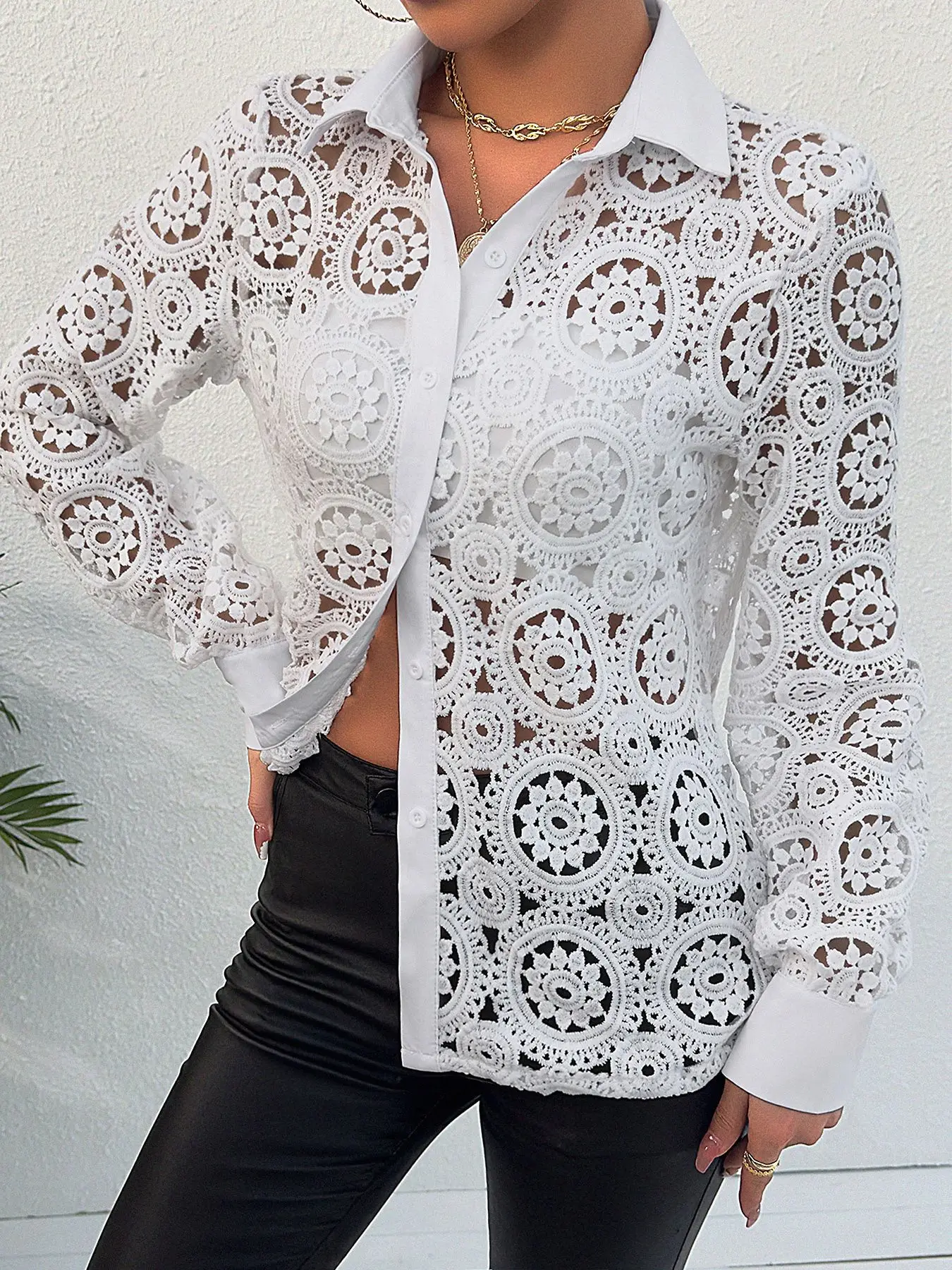 Spring/Summer Long Sleeve Women's Shirt Solid Lapel Button Lace Hollow Blouse Leisure Vacation Women's Office Lady White Shirts