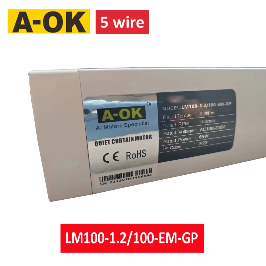 A-OK LM100 1.2N 5 Wire Curtain Motor,RF433 Remote Control,485/Dry Contact/Wall Switch Control,AC100-240V 65W,Home Automation