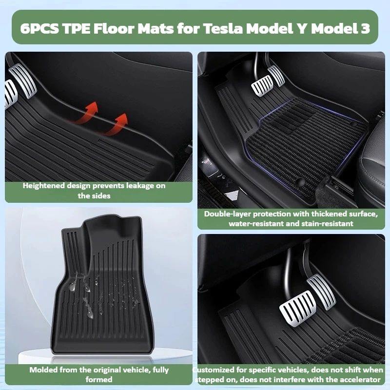 

Коврики для Tesla Model Y Model 3 Двухслойные 3D TPE Menis Ковер Бархатные Водонепроницаемые Моющиеся Двухслойные Автомобильные Накладки 6 ШТ.