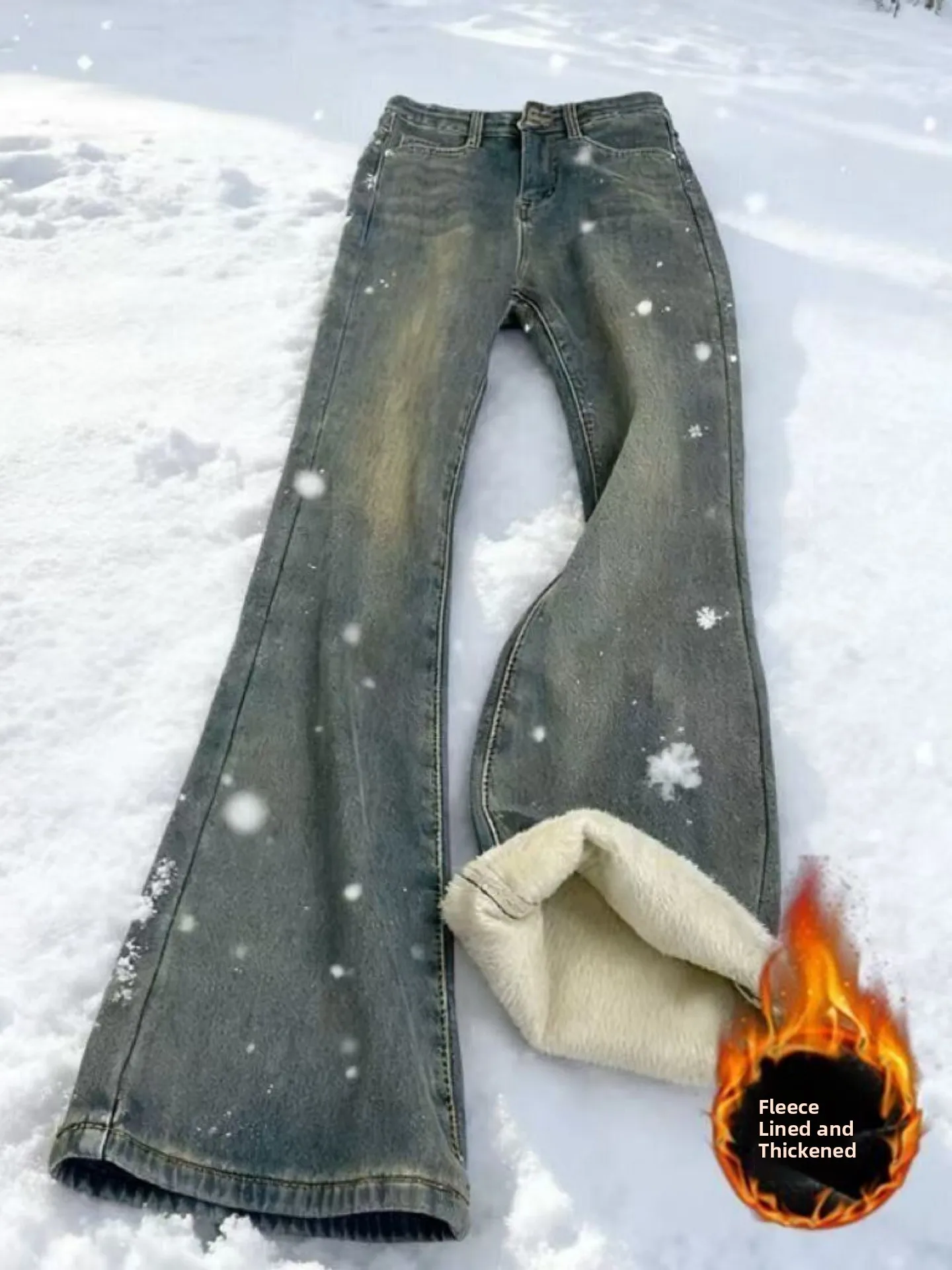 

American Retro Fleece Lined Snowy Denim Jeans High Waist Flared Pants Cold Resistant Straight Cut Women's Fashion Winter Trou...