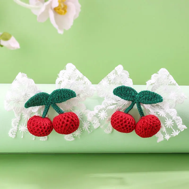 2pcs New Cherry Flower Wool Knitting Hairpin For Girls Sweet Lace Hair Bow Clips Kids Hairgrip Barrette Hair Accessories