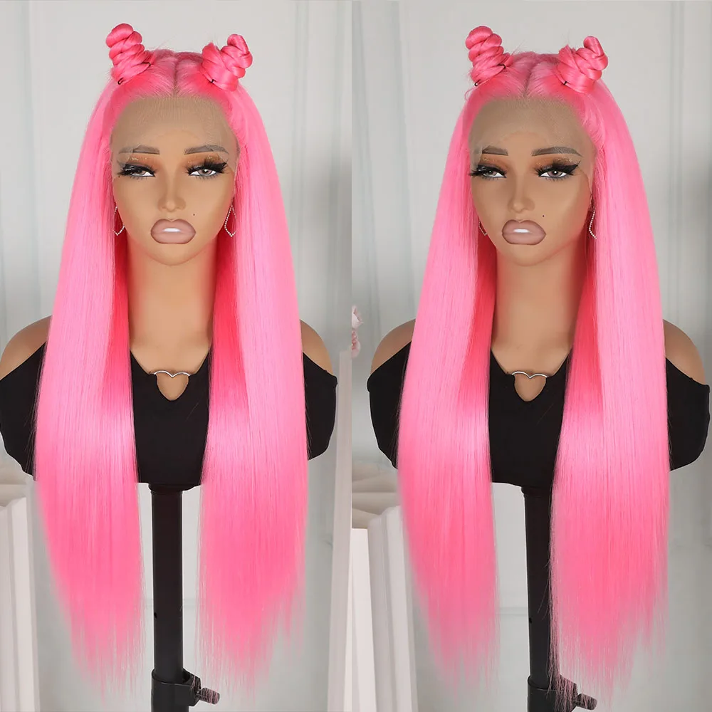 Long Silky Straight Hair Pastel Pink Color Lace Front Wigs 13x4 Free Part Heat Resistant Fiber Glueless Synthetic Women Party