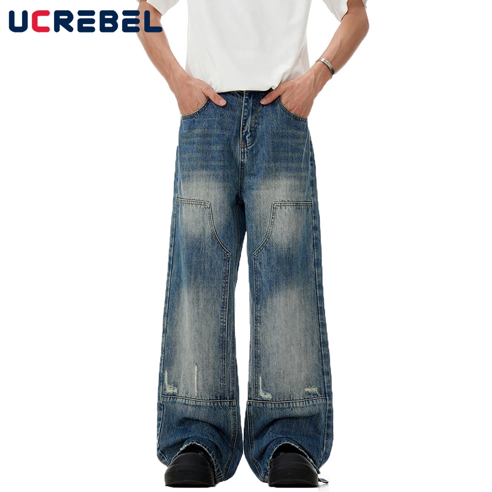 

Ripped Spliced Jeans Mens Double Knee High Street Washed Distressed Loose Denim Flare Pants Men Trousers