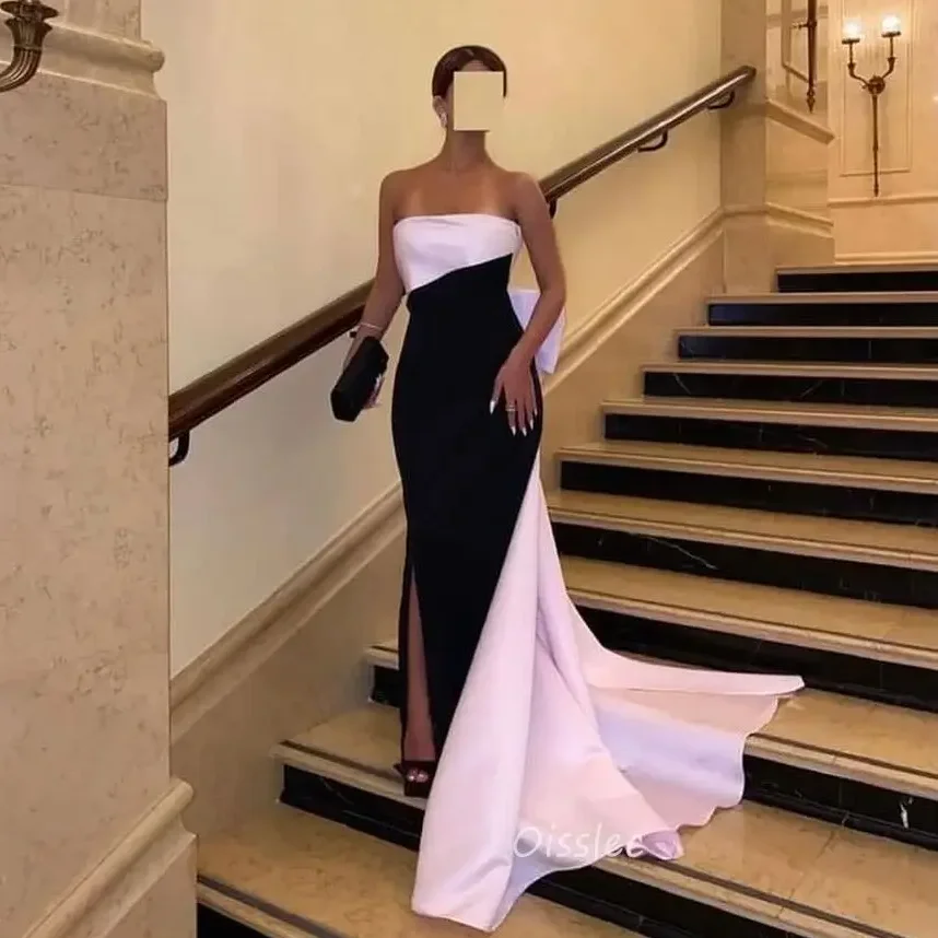 Oisslec Black Pink Strapless Evening Dresses Bow Formal Special occasion Dress For Wedding Party 2024 Ruffled Birthday Party