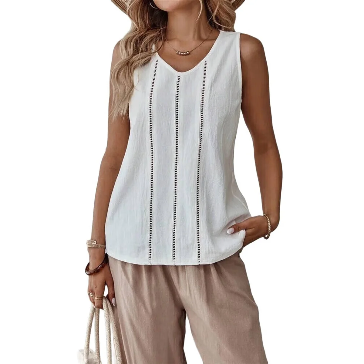 

Linen Tank Tops for Women Summer Casual Loose V Neck Sleeveless Shirts Blouses Tunic Tops White XXL