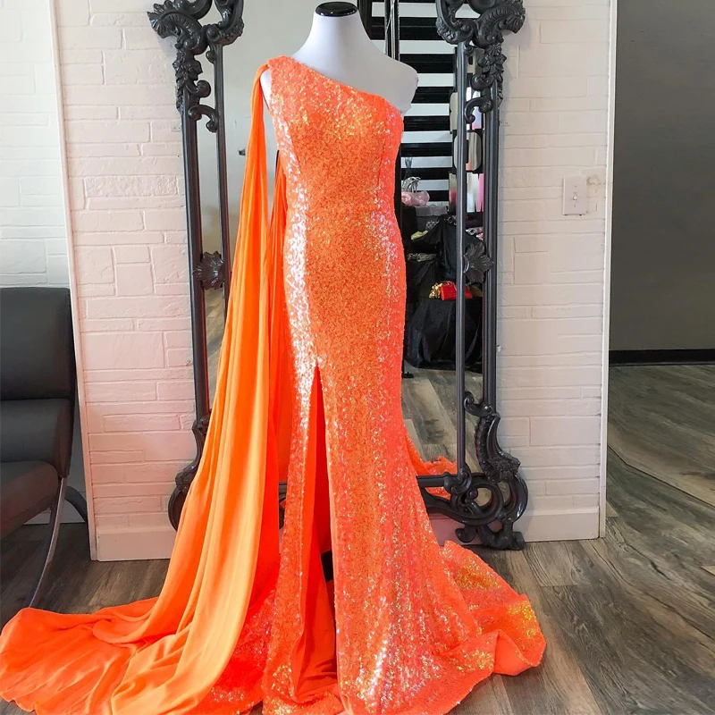 Modern One Shoulder Sequined Evening Dresses Chiffon Cape Mermaid Pageant Gown Robe De Soiree High Slit Sweep Train