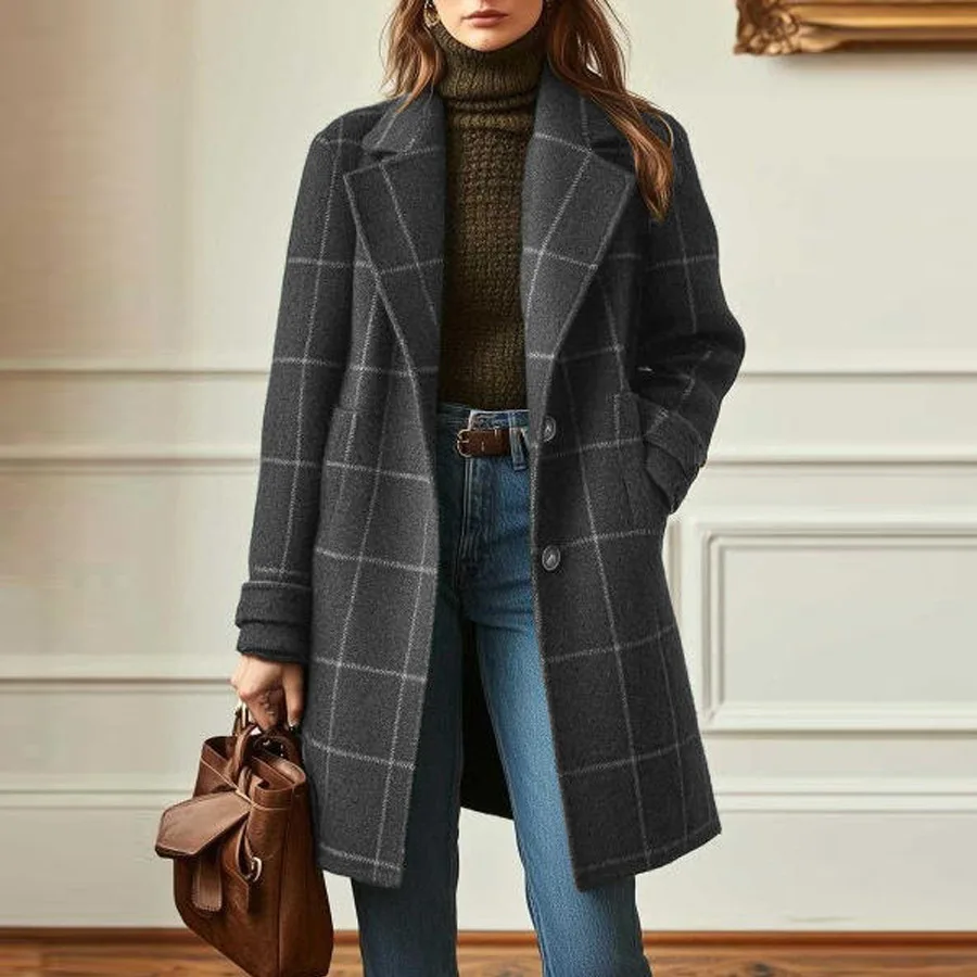 Retro Women's Plaid Coat Long Sleeve Fashion Button Pocket Fashion Simple Lapel Extra Long French Trench for Female