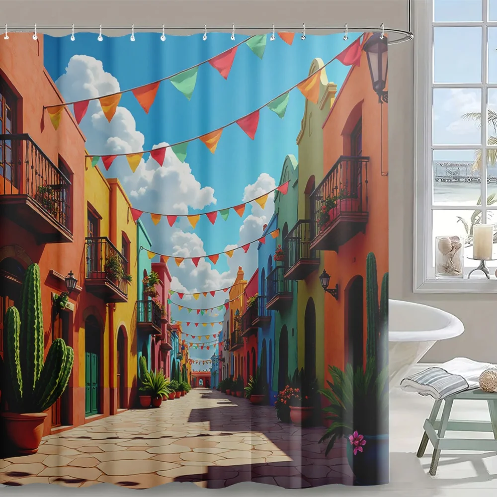 Bohemian Mediterranean Village Shower Curtain Tropical Spain Coastal Art Polyester Waterproof Bathroom Decor Curtain Liner for M