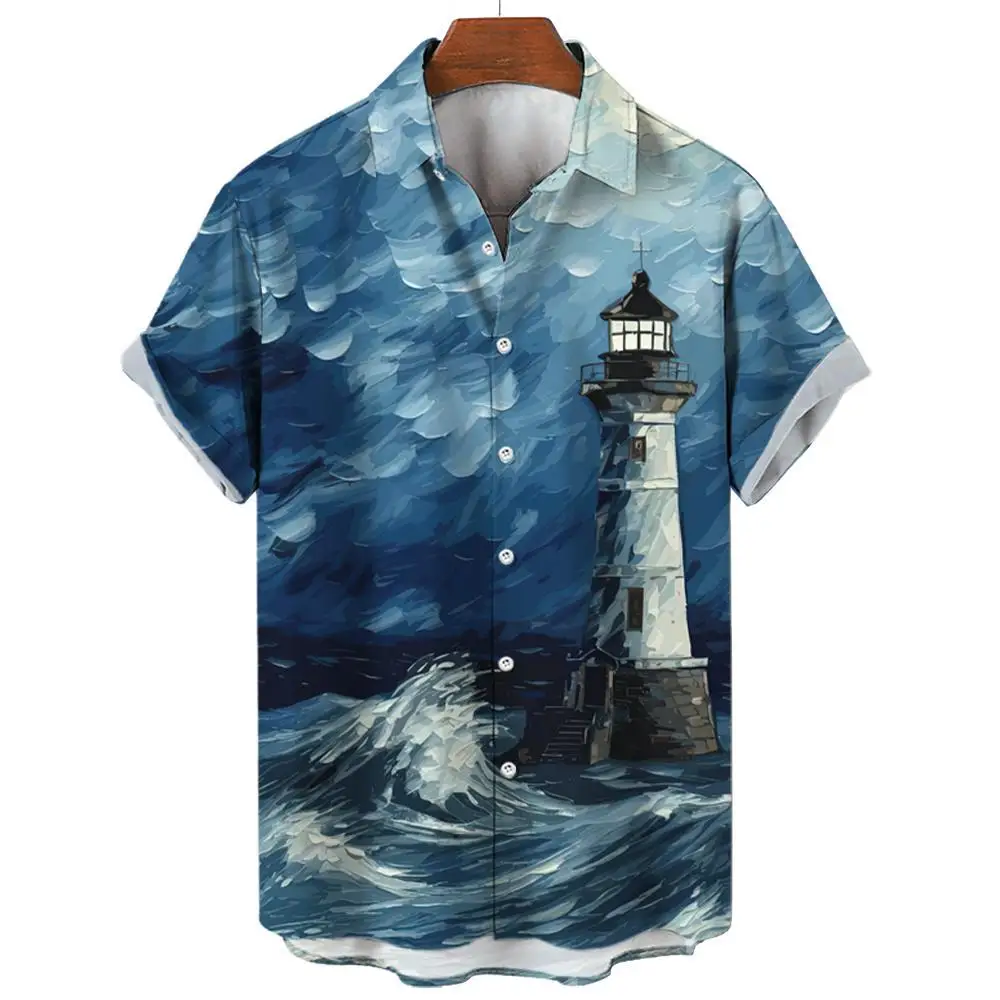 Summer Lighthouse Shirt For Men 3d Printed Men‘S Clothing Loose Oversized Shirt Beach Party Short Sleeved Tops Hawaii Sweatshirt