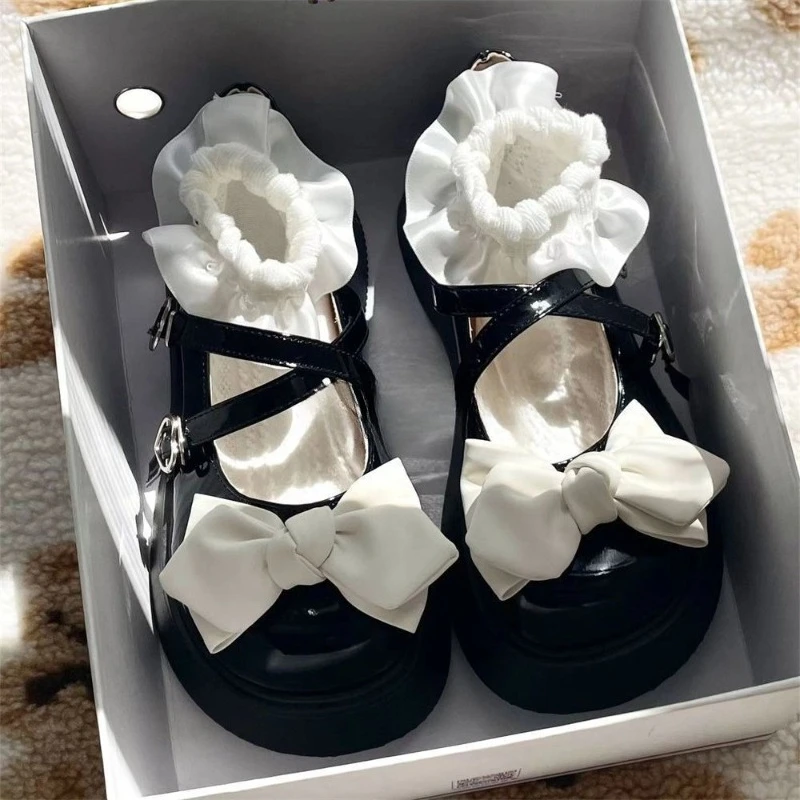 

Sweet Bow Design Mary Jane Leather Shoes Women Spring Thick Soled Versatile Cute Flats Kawaii College Style Casual Shoes