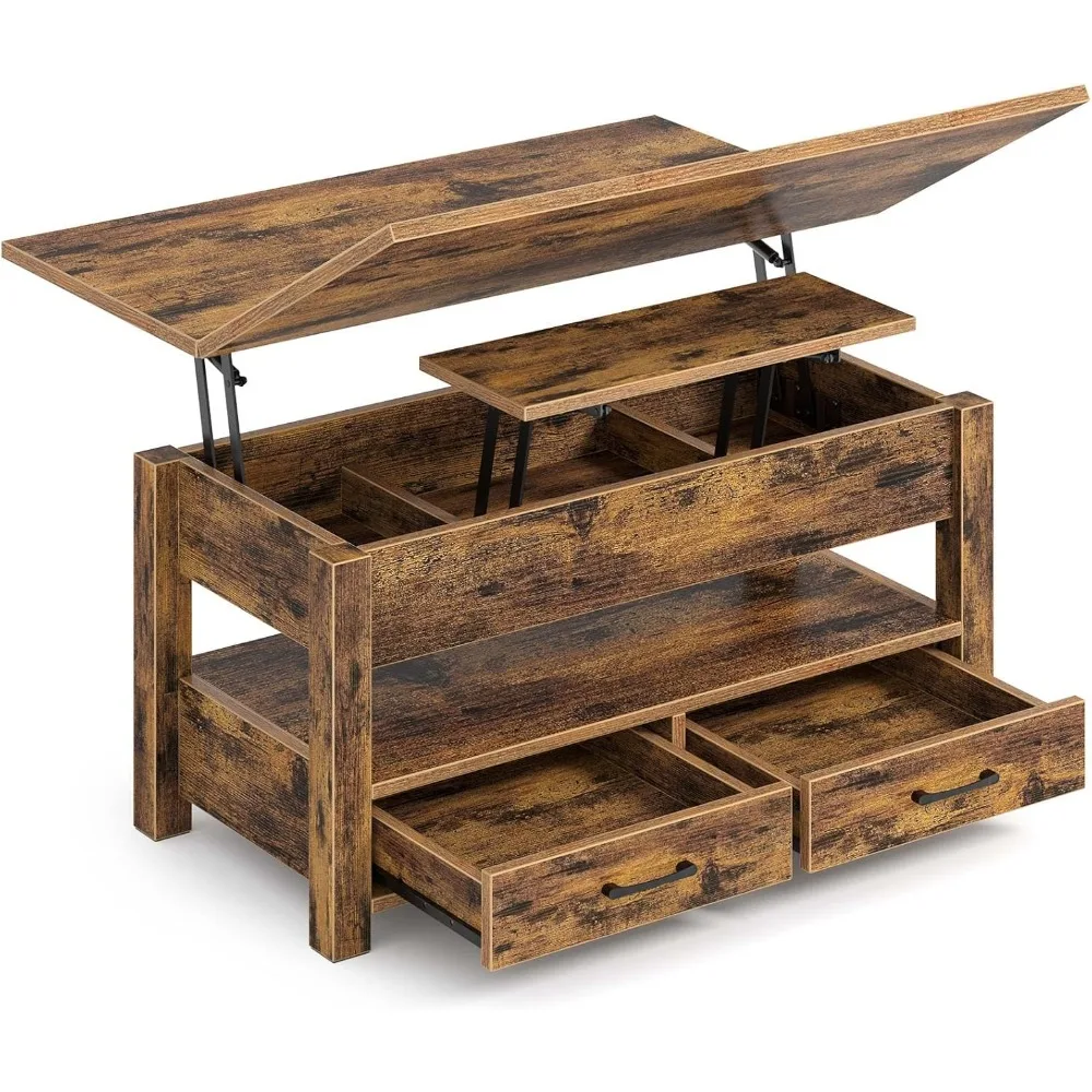 Table basse convertible multifonctionnelle avec tiroirs et compartiments cachés, dessus élévateur, marron rustique