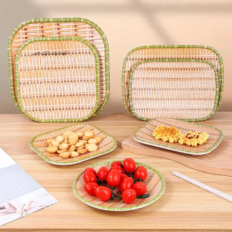Bamboo Weaving Melamine Hot Pot Vegetable Plate Green Barbecue Serving Dish Multiple Styles for Restaurant Use