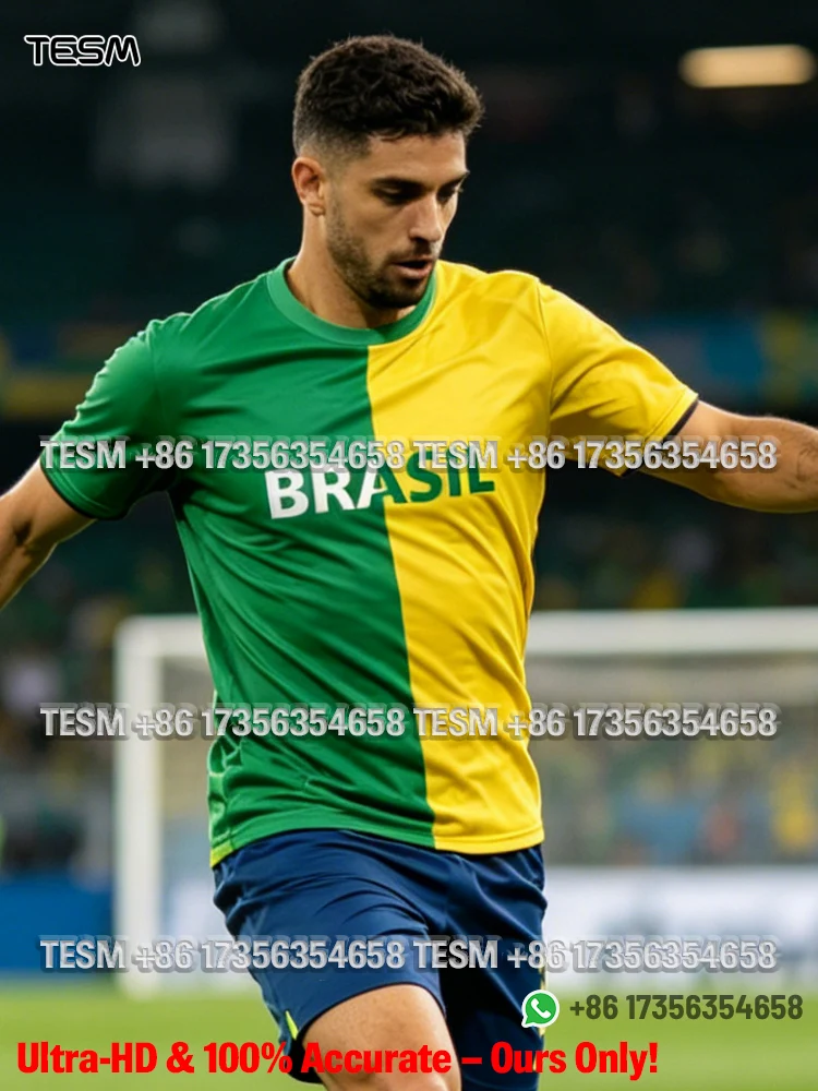 

TESM Brazil Split Color Soccer Jersey Men Green Yellow Short Sleeve Football T-shirt Quick Dry Breathable Training Tops Fans Tee