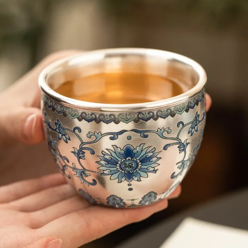 1PC 160ML Lucky Nian Lian Hand-painted 999 Silver Cylinder Cup High-end Light Luxury Master Cup Household Ceramic Kung Fu TeaCup