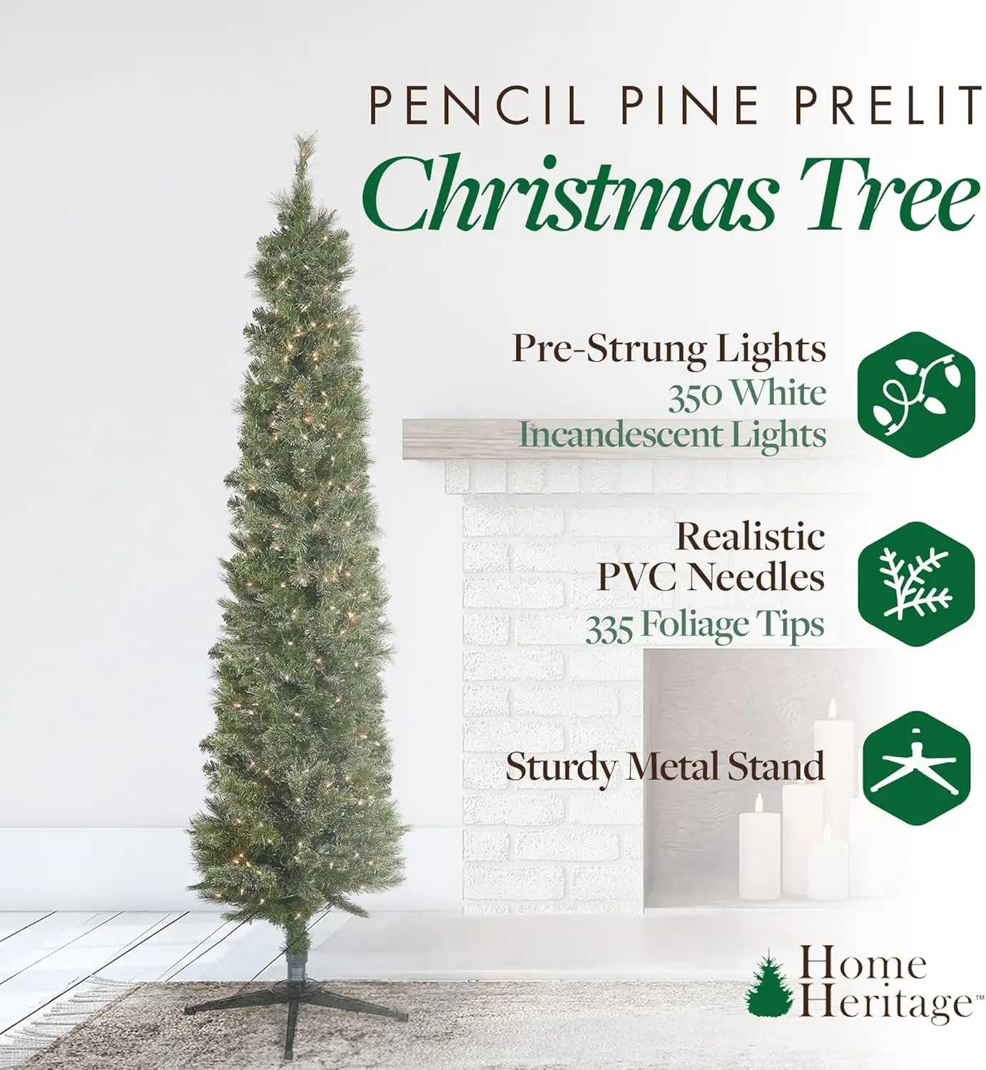 7 Foot Skinny Pencil Pine Pre-Lit Artificial Christmas Tree Holiday Decor with 350 White Clear Lights and Stand, Green