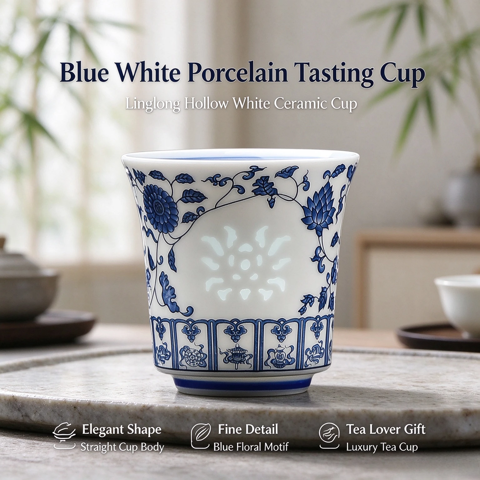 Luxury Blue White Porcelain Linglong Teacup Hollow White Ceramic Tasting Cup Single Kung Fu Tea Drinking Cup
