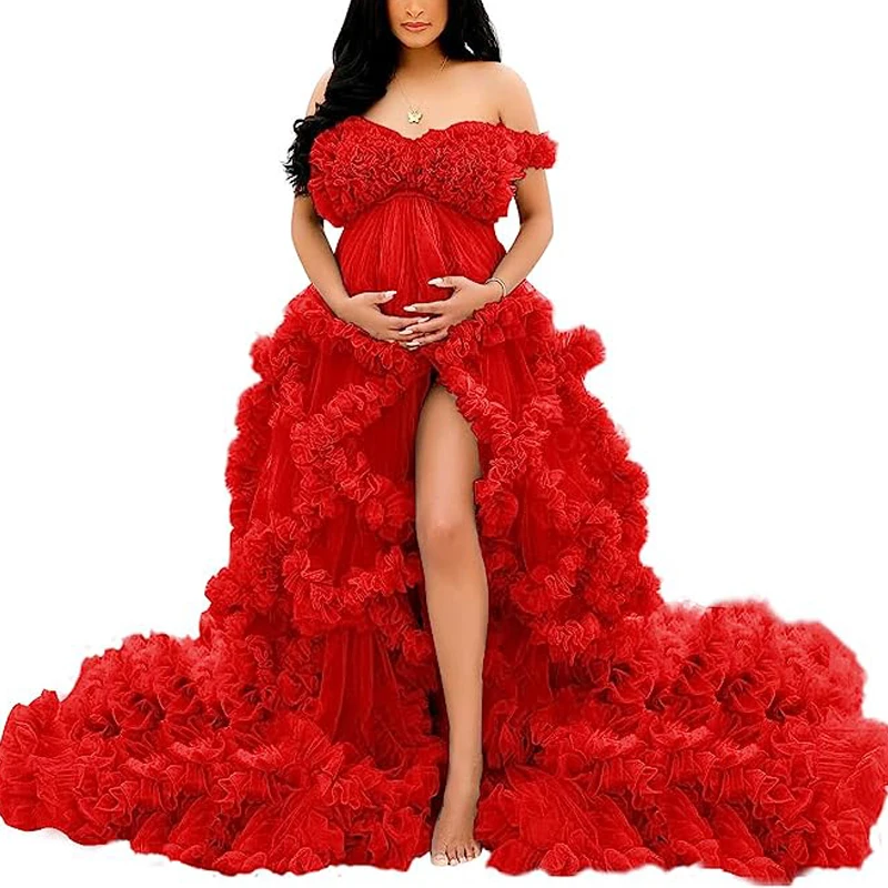 Sexy Maternity Gowns Photoshoot V Neck Ruffles A Line Sweep Train Tulle Pregnant Women Maternity Dresses for Photo Shoot