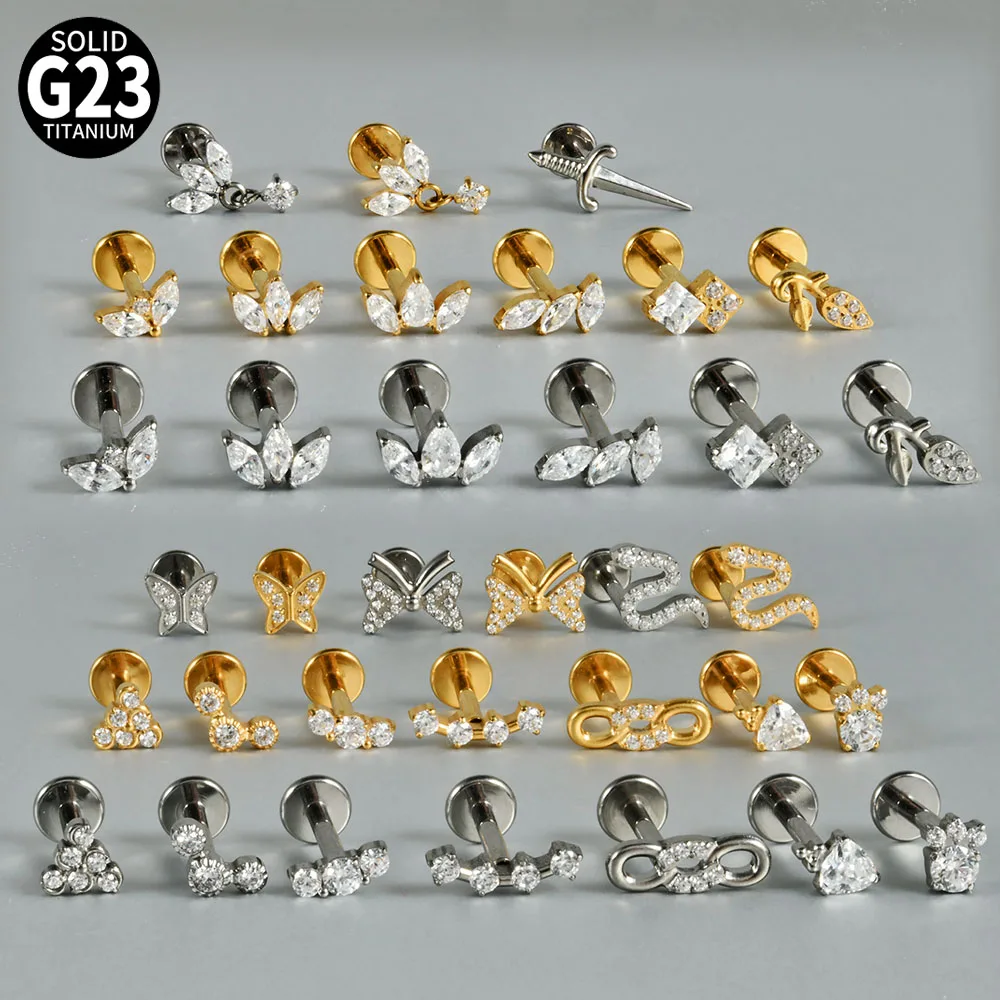 1PC  Marquise CZ G23 Pure Titanium Lip Studs Internal Thread Snake Ear Helix Tragus Cartilage Earrings Body Piercing Jewelry 16G