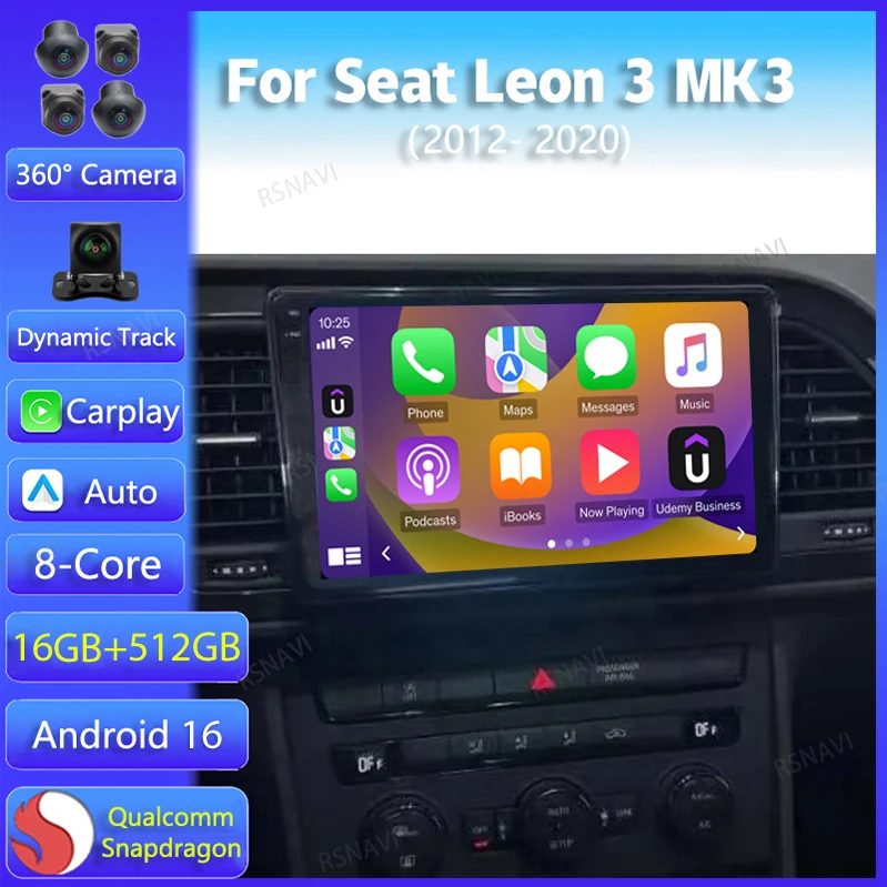 Android 16 Carplay Auto For Seat Leon 3 MK3 2012 2013 2014 2015 2016 - 2020 Multimedia Car Radio Player WIFI+4G 360Camera Stereo