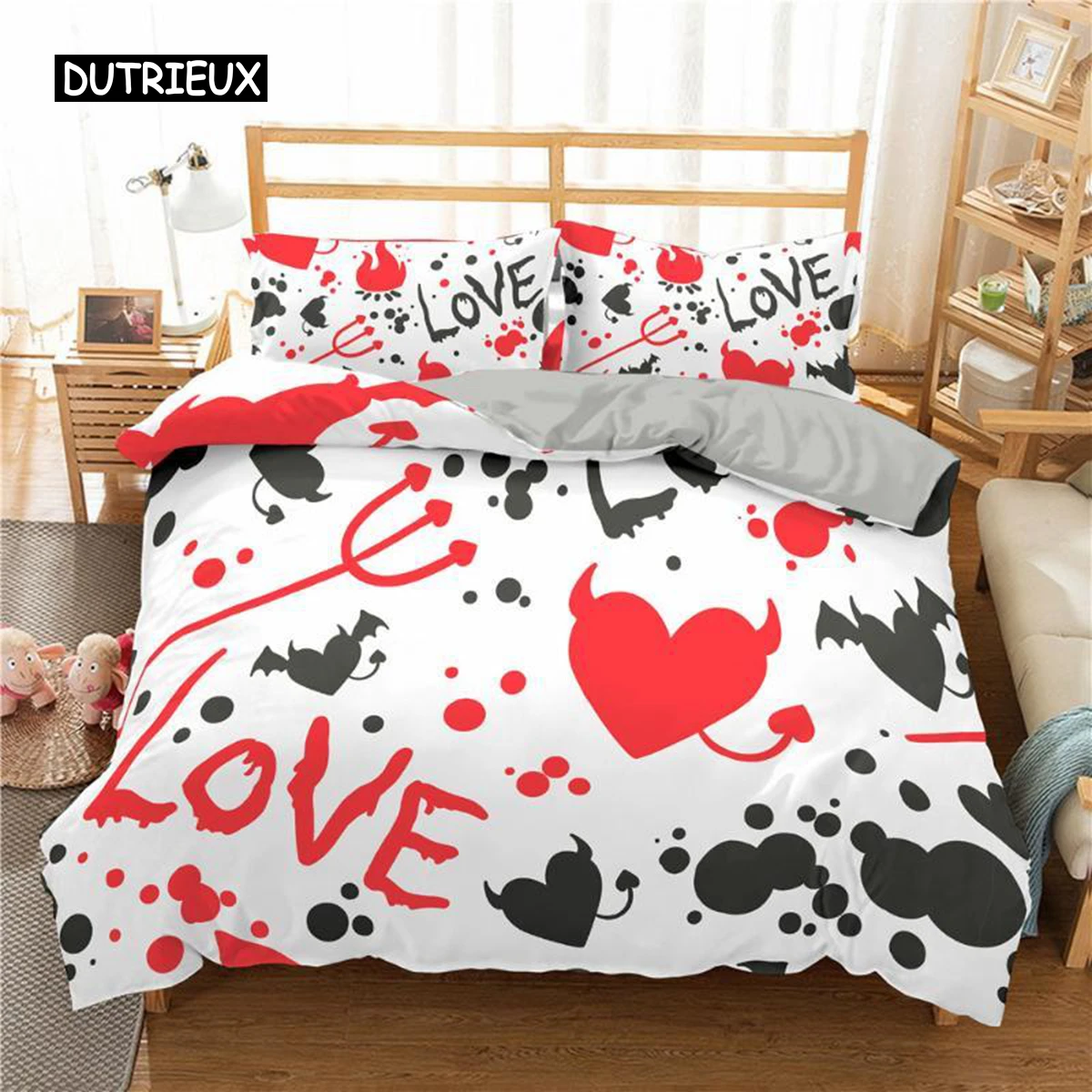 

Love Heart Duvet Cover Set King Size Black Red Heart Spot Twin Quilt Cover Arrow of Love Polyester Bedding Set for Teens Couples