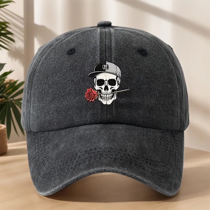 

Skull and Rose Baseball Cap | Vintage Washed Hip-Hop Hat, Soft Breathable for Outdoor Casual & Sun Protection
