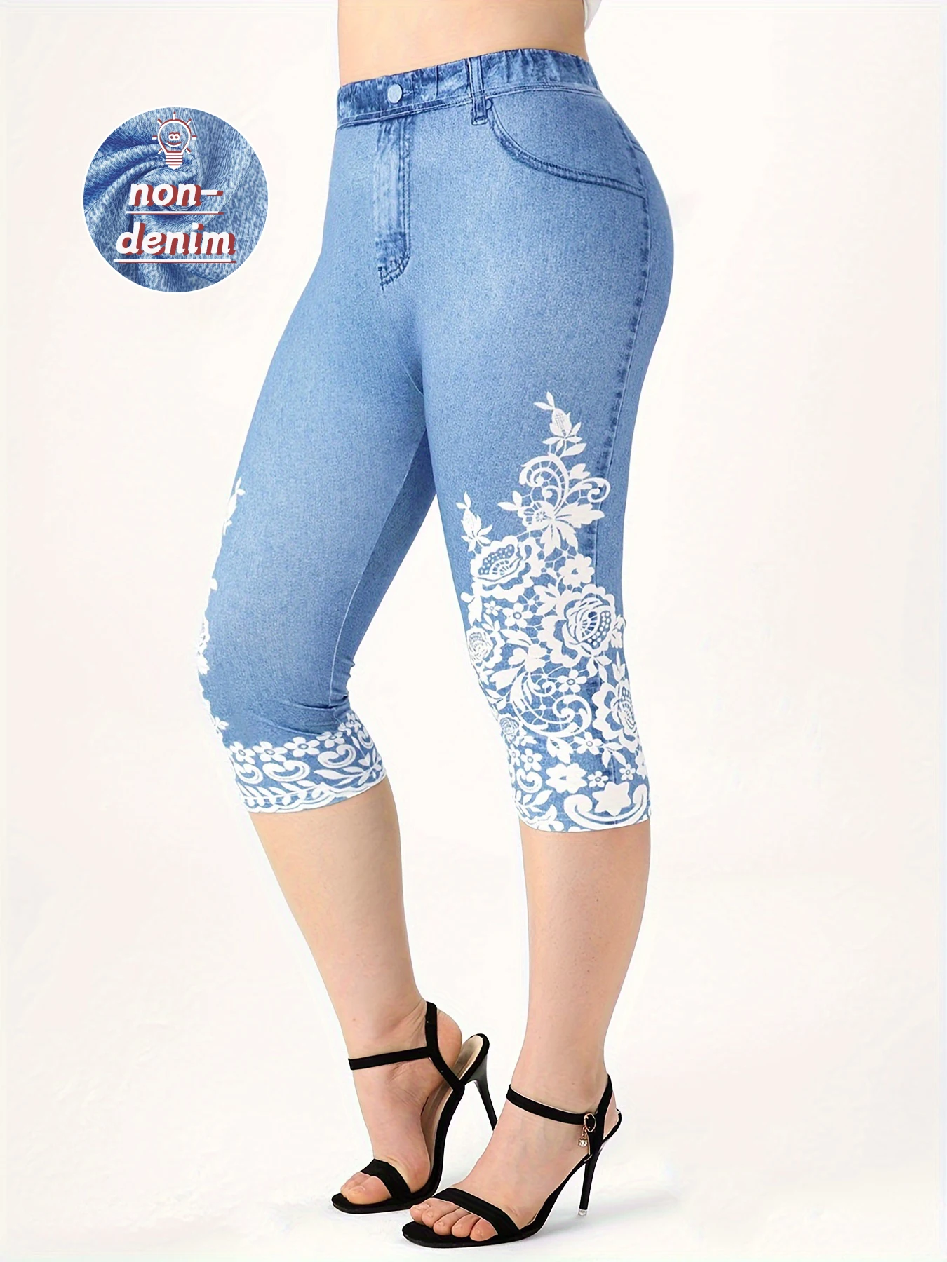 Plus Size donna imitazione Denim stampato stretto Capri alta elasticità lavorato a maglia moda Casual Leggings