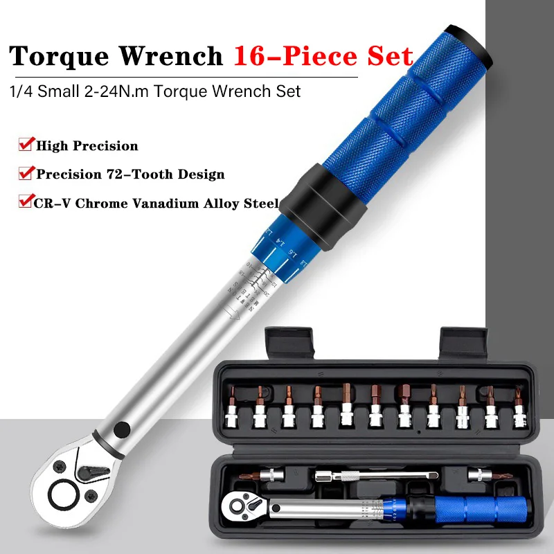 2-24Nm High Precision 1/4inch Torque Preset Wrench Quick Release Ratchet Wrench Car Repair Hand Tool Set Of 16 Mechanical Repair