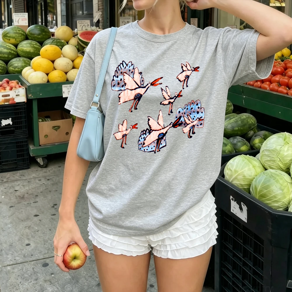 Women Vintage Flamingo Bird Group Print T Shirt Cute Hand Drawn Bird Graphic Tee Casual Loose Cotton Aesthetic Daily Fashion Top